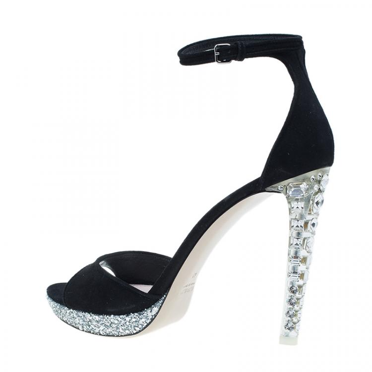 Pre Owned Miu Miu Black Suede Crystal Heel Ankle Strap Sandals Size 41