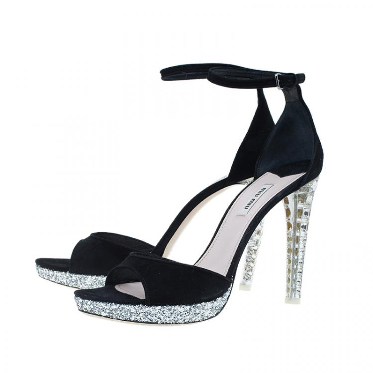 Pre Owned Miu Miu Black Suede Crystal Heel Ankle Strap Sandals Size 41