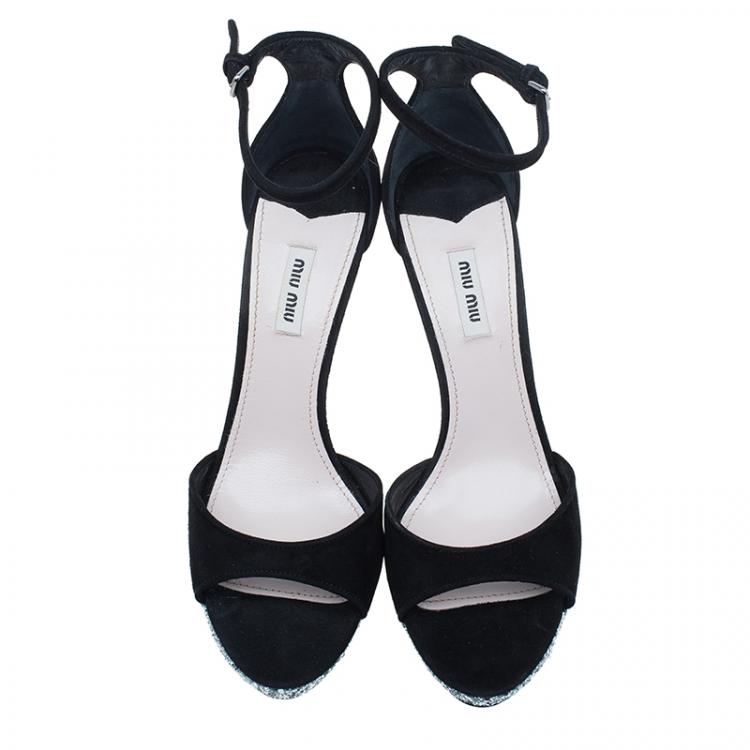 Pre Owned Miu Miu Black Suede Crystal Heel Ankle Strap Sandals Size 41