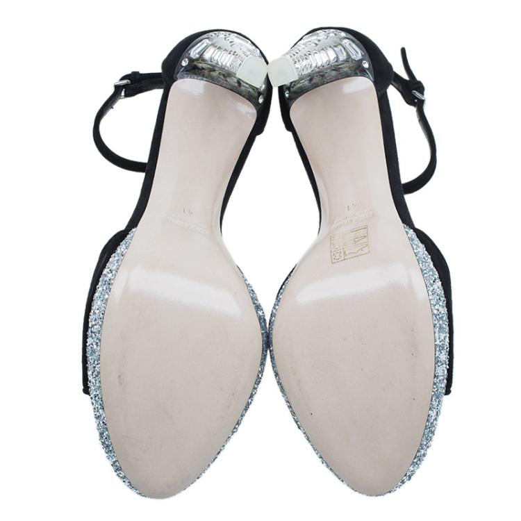 Pre Owned Miu Miu Black Suede Crystal Heel Ankle Strap Sandals Size 41