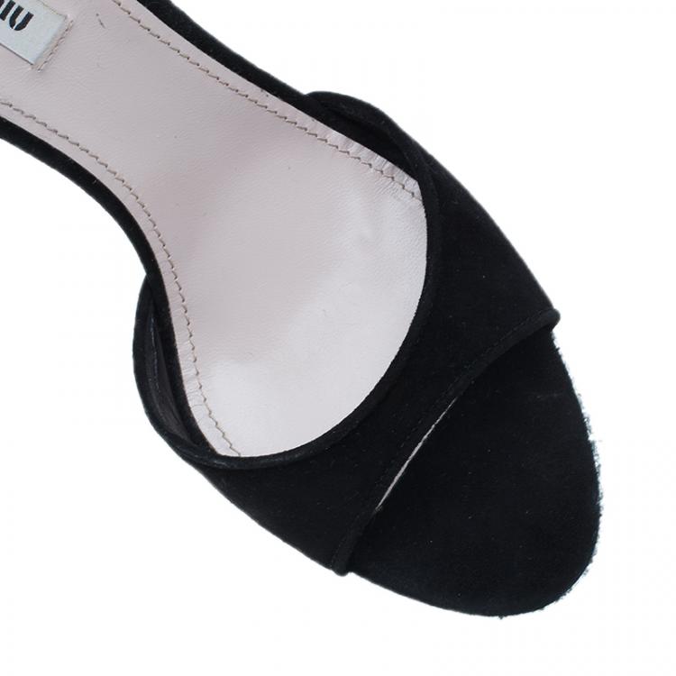 Pre Owned Miu Miu Black Suede Crystal Heel Ankle Strap Sandals Size 41
