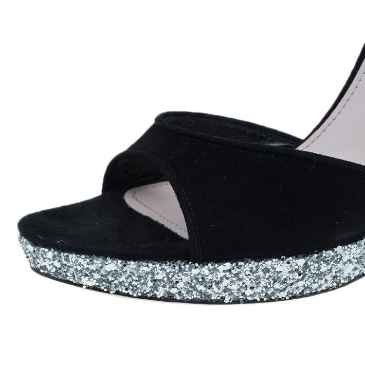 Pre Owned Miu Miu Black Suede Crystal Heel Ankle Strap Sandals Size 41