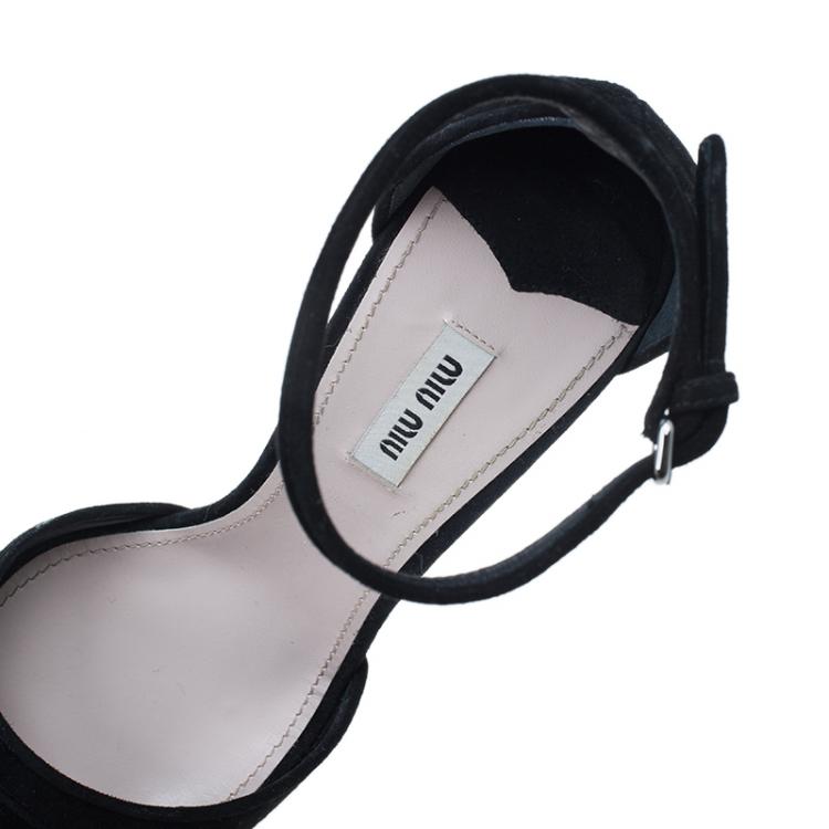 Pre Owned Miu Miu Black Suede Crystal Heel Ankle Strap Sandals Size 41