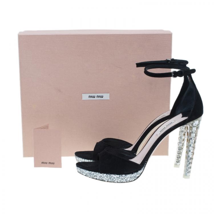 Pre Owned Miu Miu Black Suede Crystal Heel Ankle Strap Sandals Size 41