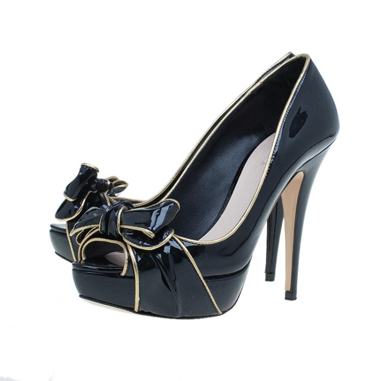 Pre Owned Miu Miu Black Patent Bow Detail Peep Toe Pumps Size 39