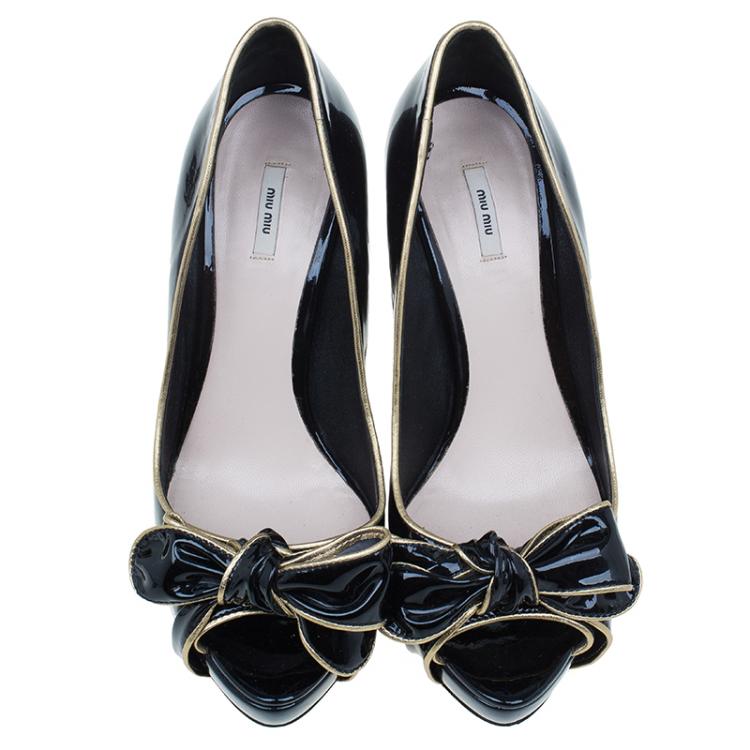 Pre Owned Miu Miu Black Patent Bow Detail Peep Toe Pumps Size 39