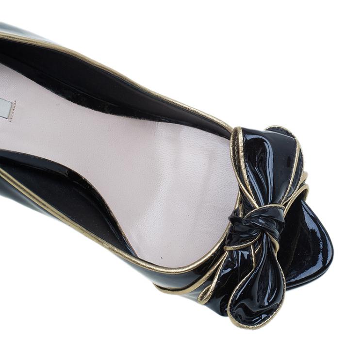 Pre Owned Miu Miu Black Patent Bow Detail Peep Toe Pumps Size 39