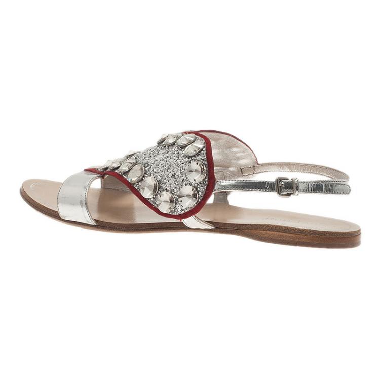 Pre Owned Miu Miu Silver Metallic Leather Glitter Heart Flat Sandals Size 38.5 