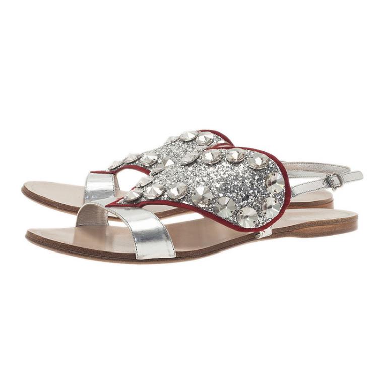 Pre Owned Miu Miu Silver Metallic Leather Glitter Heart Flat Sandals Size 38.5 