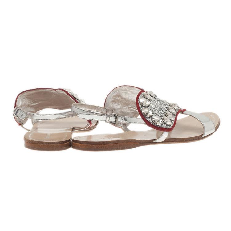 Pre Owned Miu Miu Silver Metallic Leather Glitter Heart Flat Sandals Size 38.5 