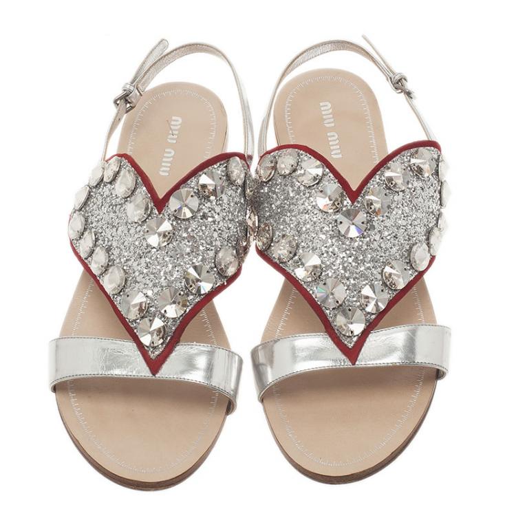 Pre Owned Miu Miu Silver Metallic Leather Glitter Heart Flat Sandals Size 38.5 