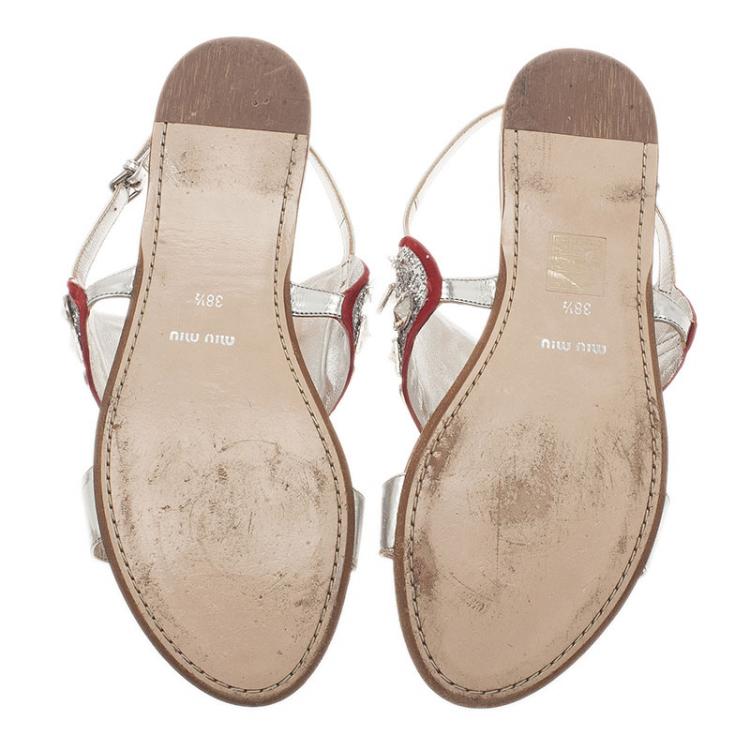 Pre Owned Miu Miu Silver Metallic Leather Glitter Heart Flat Sandals Size 38.5 