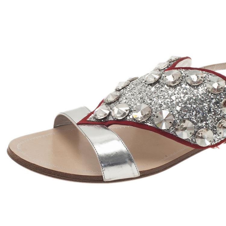 Pre Owned Miu Miu Silver Metallic Leather Glitter Heart Flat Sandals Size 38.5 