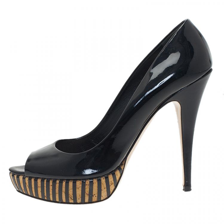 Pre Owned Miu Miu Black Patent Peep Toe Platform Pumps Size 41