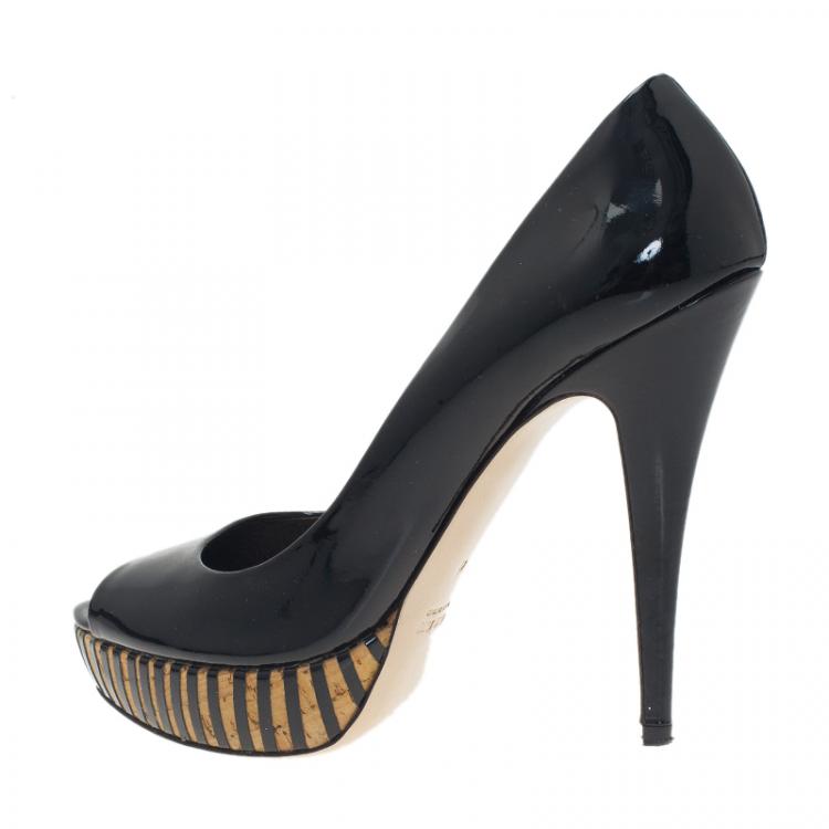 Pre Owned Miu Miu Black Patent Peep Toe Platform Pumps Size 41