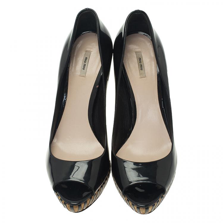 Pre Owned Miu Miu Black Patent Peep Toe Platform Pumps Size 41
