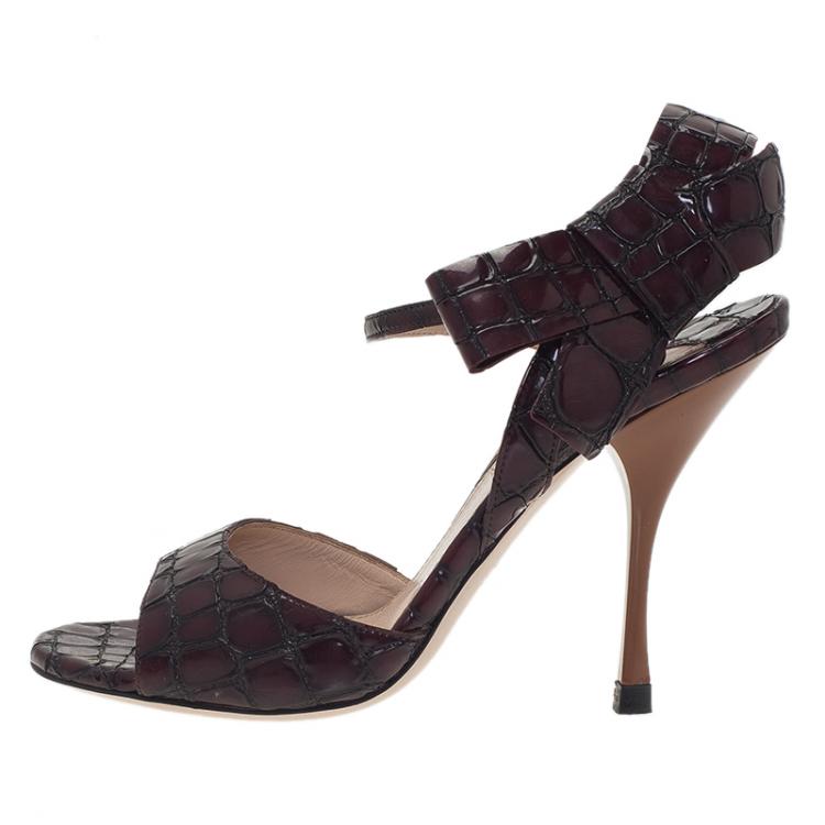 Pre Owned Miu Miu Burgundy Croc Embossed Coco Bow Detail Sandals Size 36
