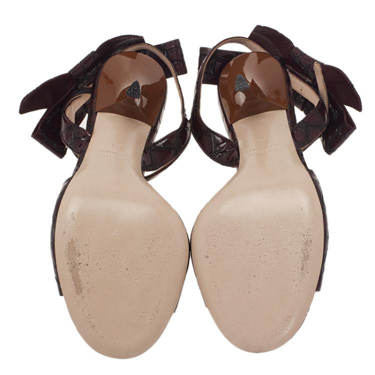 Pre Owned Miu Miu Burgundy Croc Embossed Coco Bow Detail Sandals Size 36