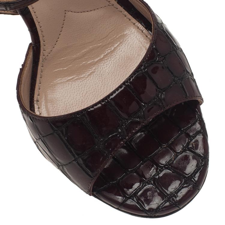 Pre Owned Miu Miu Burgundy Croc Embossed Coco Bow Detail Sandals Size 36