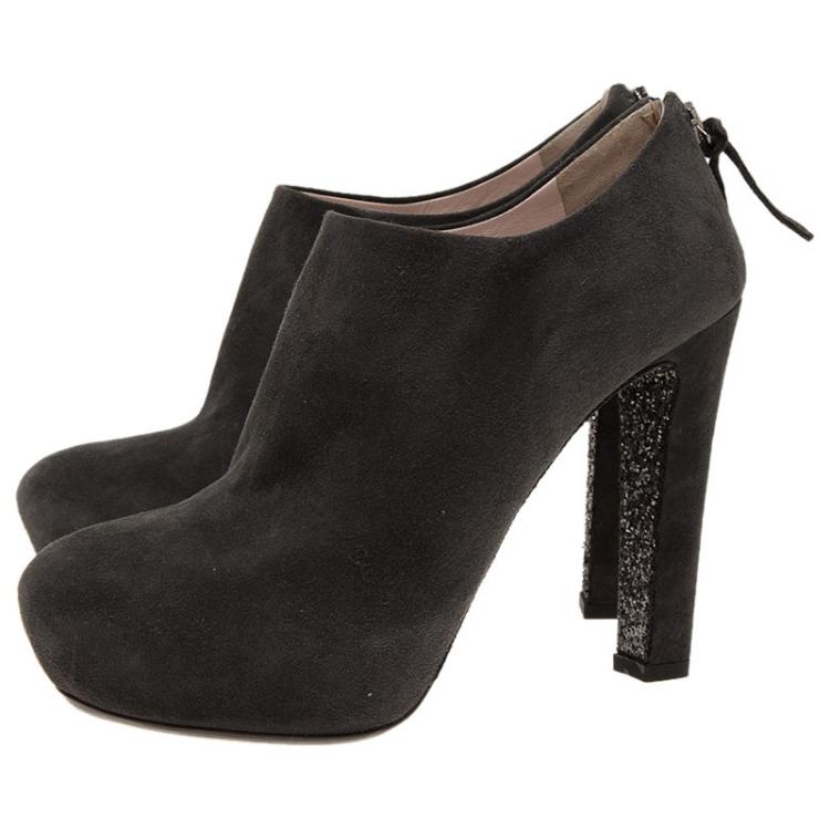 Pre Owned Miu Miu Grey Suede Glitter Heel Platform Ankle Boots  Size 38