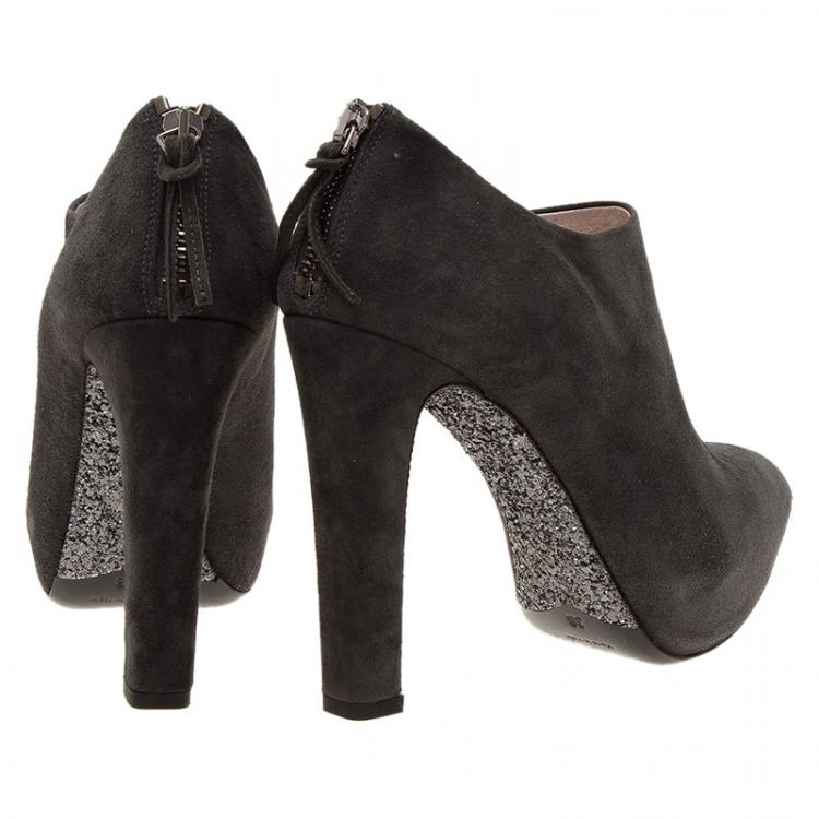 Pre Owned Miu Miu Grey Suede Glitter Heel Platform Ankle Boots  Size 38