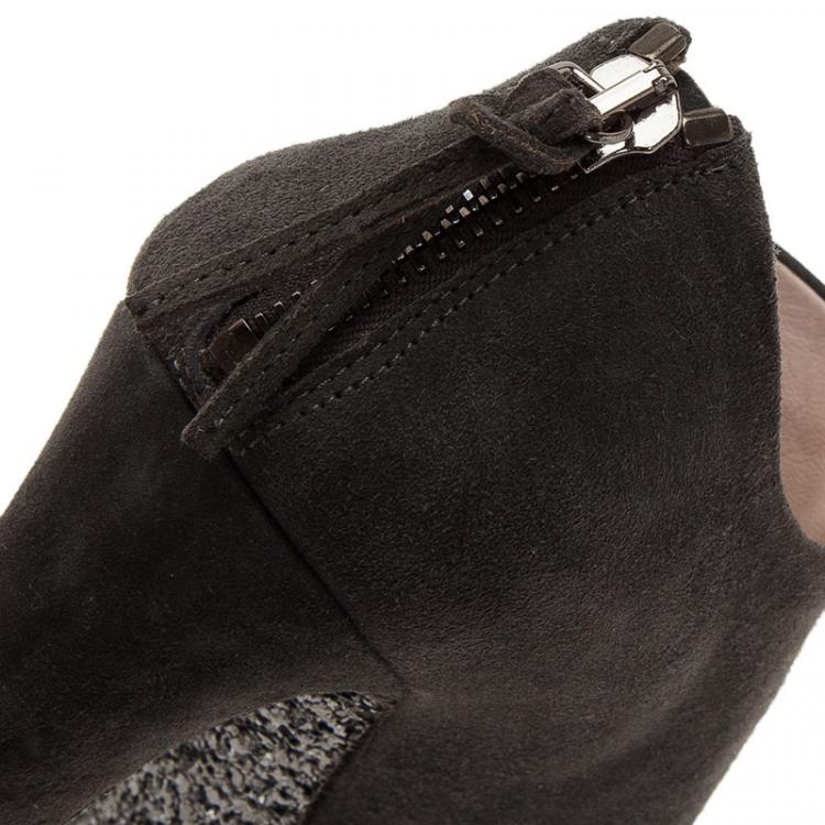 Pre Owned Miu Miu Grey Suede Glitter Heel Platform Ankle Boots  Size 38