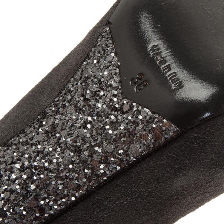 Pre Owned Miu Miu Grey Suede Glitter Heel Platform Ankle Boots  Size 38