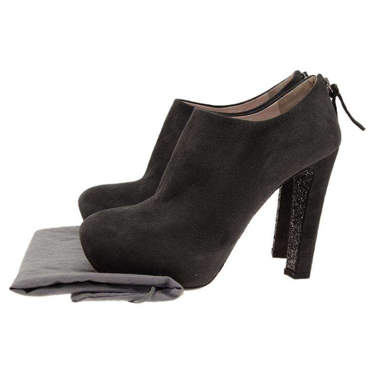 Pre Owned Miu Miu Grey Suede Glitter Heel Platform Ankle Boots  Size 38