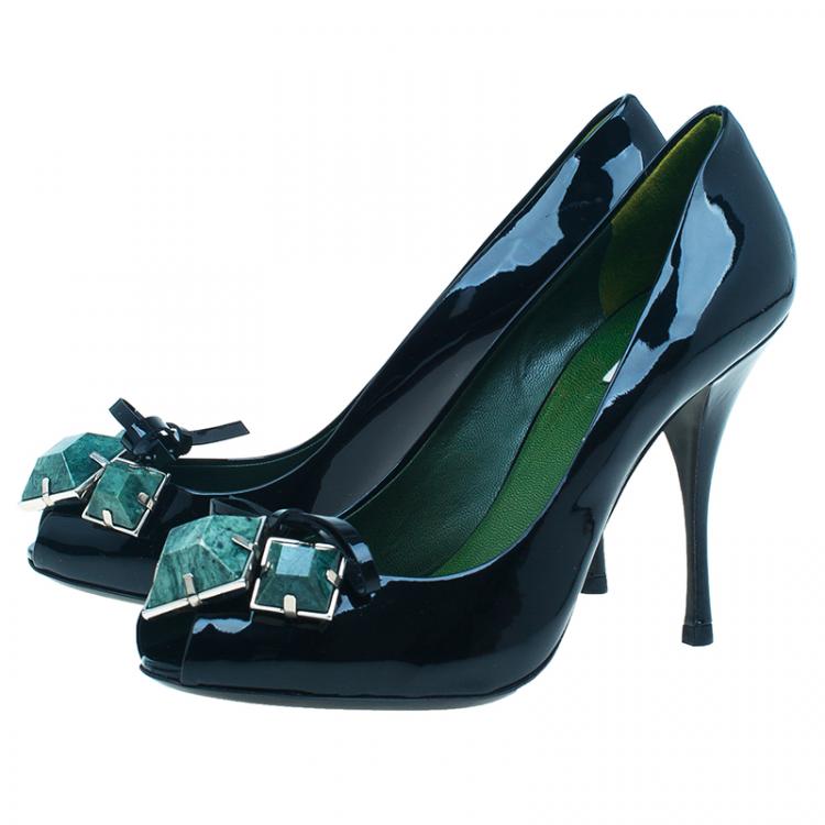 Pre Owned Miu Miu Black Patent Howlite Stone Embellished Peep Toe Pumps Size 36.5