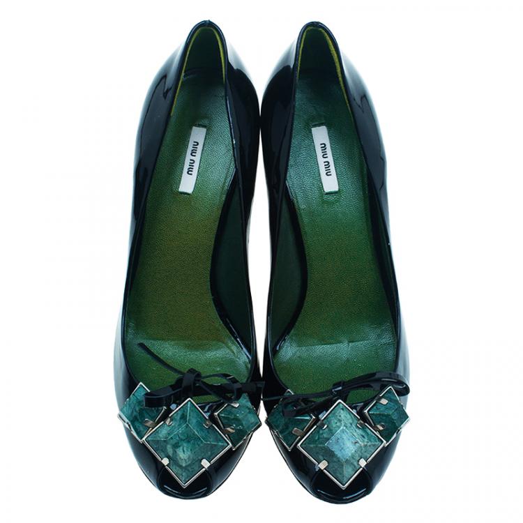 Pre Owned Miu Miu Black Patent Howlite Stone Embellished Peep Toe Pumps Size 36.5