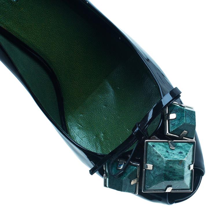 Pre Owned Miu Miu Black Patent Howlite Stone Embellished Peep Toe Pumps Size 36.5