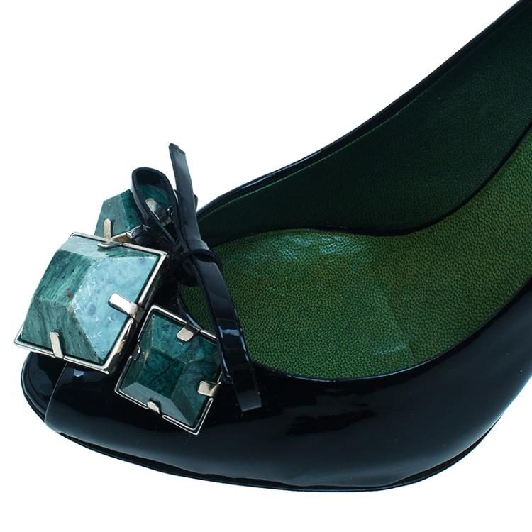 Pre Owned Miu Miu Black Patent Howlite Stone Embellished Peep Toe Pumps Size 36.5