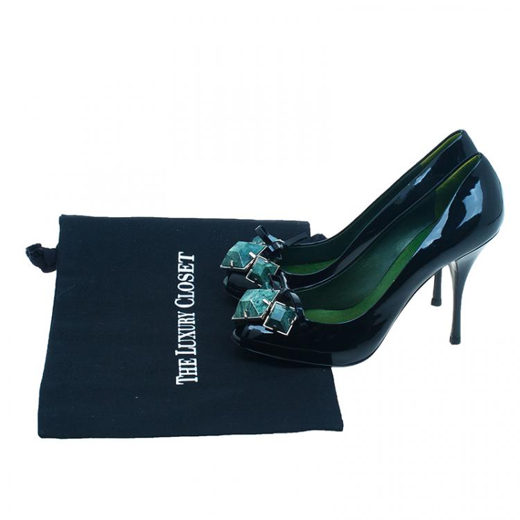 Pre Owned Miu Miu Black Patent Howlite Stone Embellished Peep Toe Pumps Size 36.5
