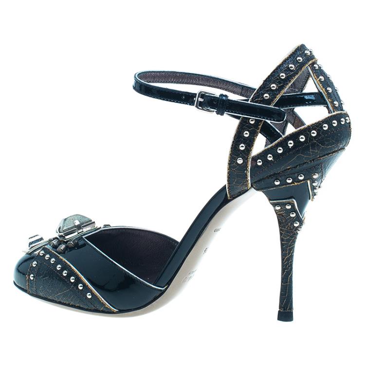 Pre Owned Miu Miu Black Patent Studded Ankle Strap Sandals Size 36.5