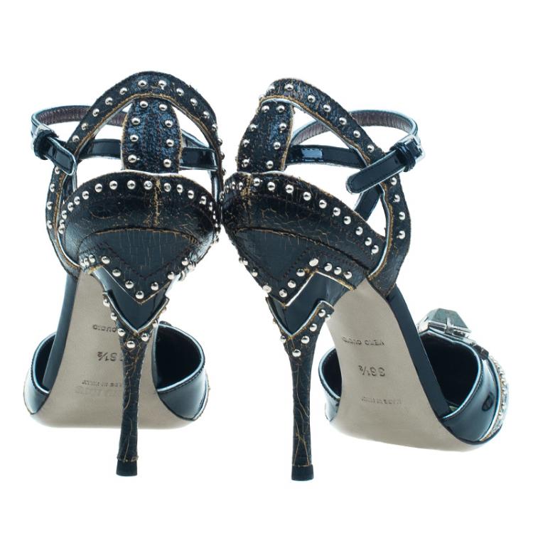 Pre Owned Miu Miu Black Patent Studded Ankle Strap Sandals Size 36.5