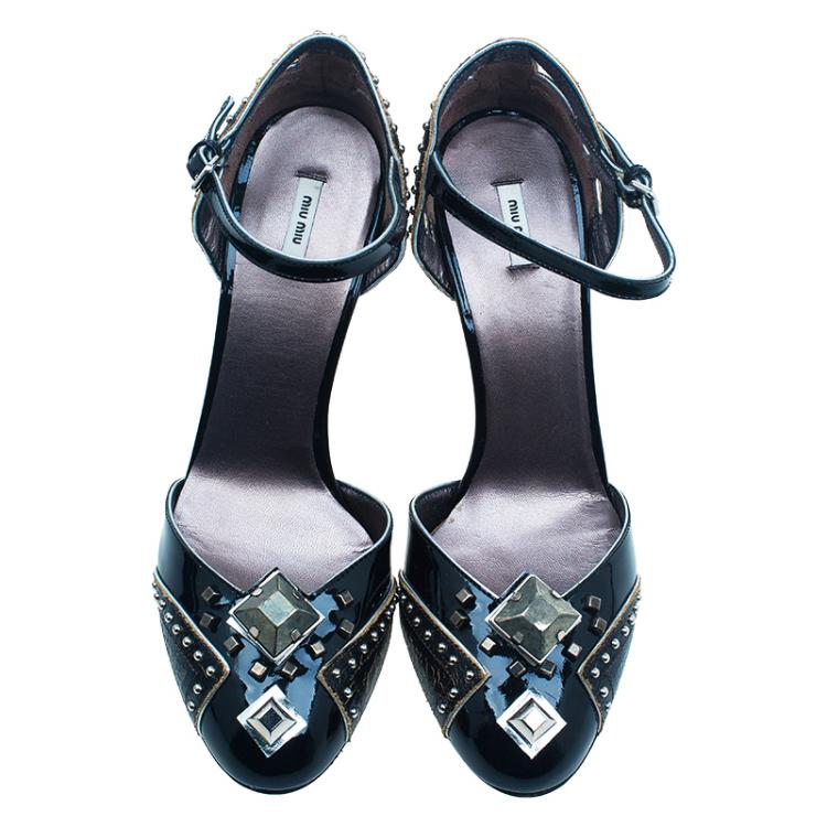 Pre Owned Miu Miu Black Patent Studded Ankle Strap Sandals Size 36.5