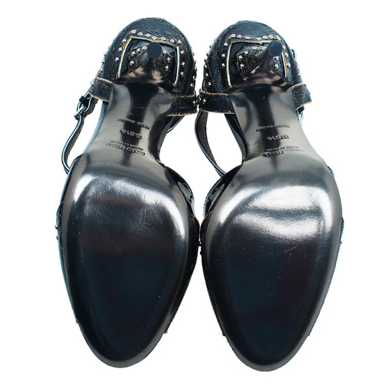 Pre Owned Miu Miu Black Patent Studded Ankle Strap Sandals Size 36.5