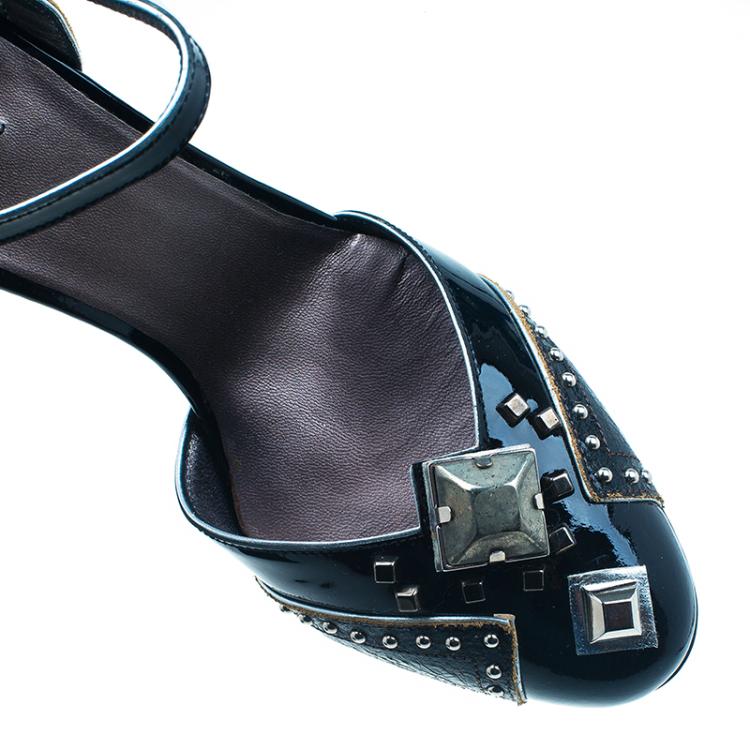 Pre Owned Miu Miu Black Patent Studded Ankle Strap Sandals Size 36.5