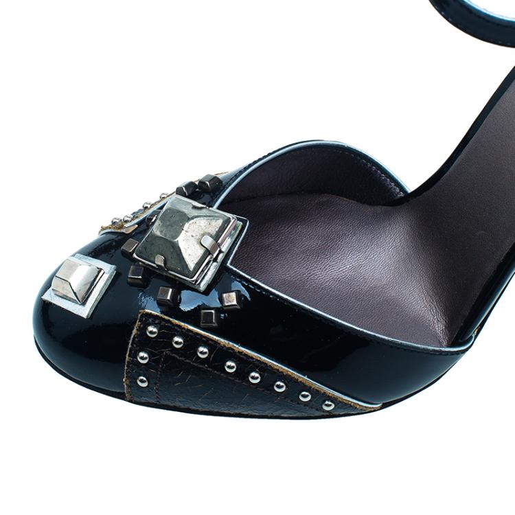 Pre Owned Miu Miu Black Patent Studded Ankle Strap Sandals Size 36.5