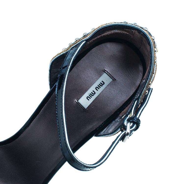 Pre Owned Miu Miu Black Patent Studded Ankle Strap Sandals Size 36.5