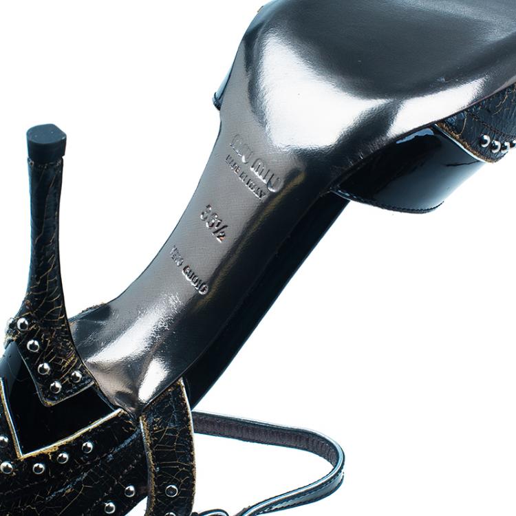 Pre Owned Miu Miu Black Patent Studded Ankle Strap Sandals Size 36.5