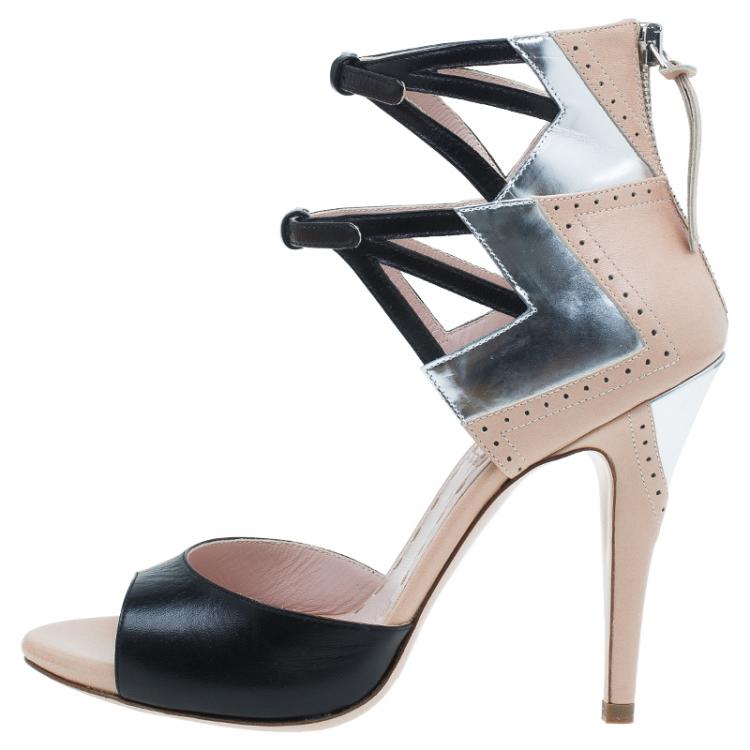 Pre Owned Miu Miu Black and Beige Leather Double Ankle Strap Peep Toe Sandals Size 36