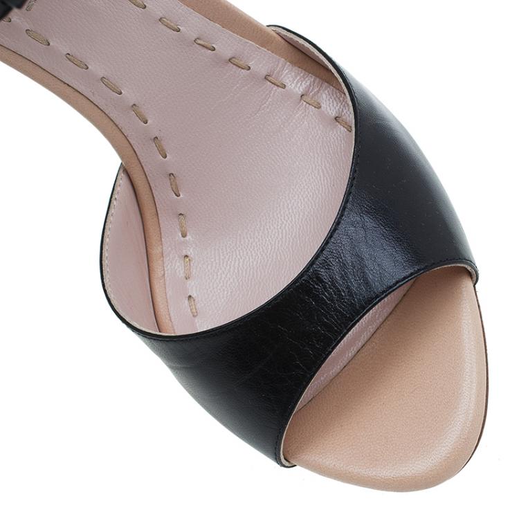 Pre Owned Miu Miu Black and Beige Leather Double Ankle Strap Peep Toe Sandals Size 36