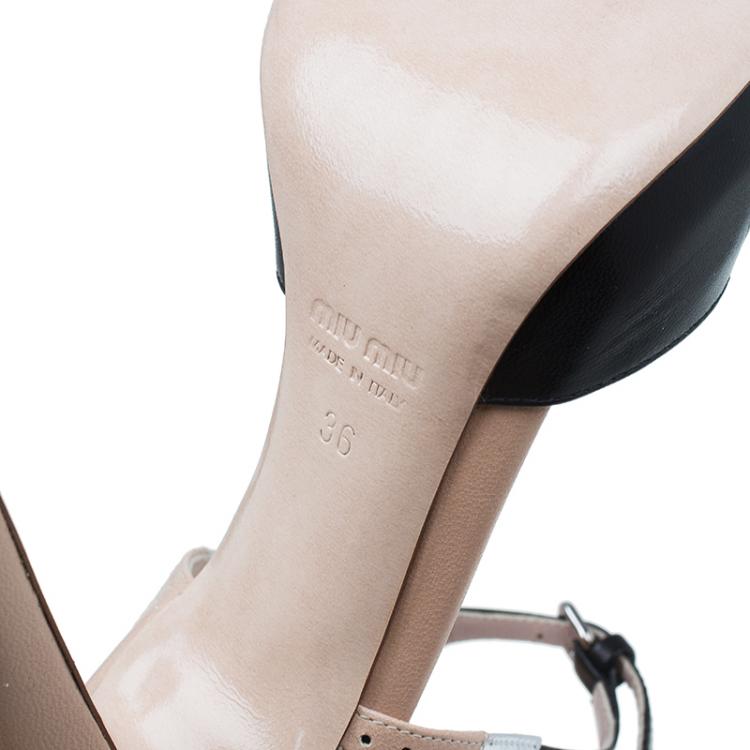 Pre Owned Miu Miu Black and Beige Leather Double Ankle Strap Peep Toe Sandals Size 36