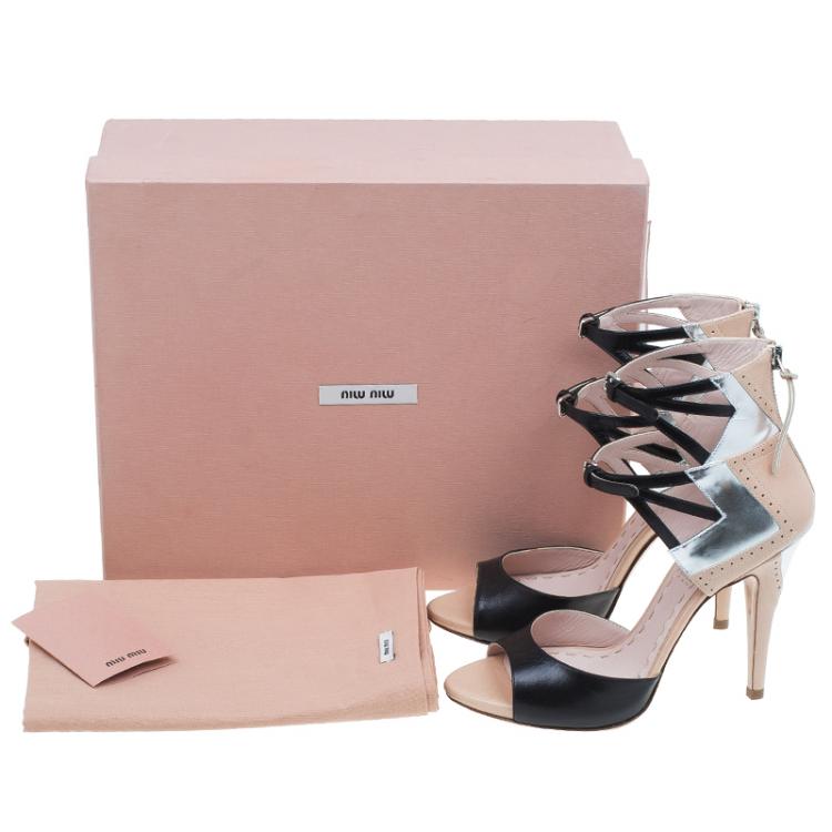 Pre Owned Miu Miu Black and Beige Leather Double Ankle Strap Peep Toe Sandals Size 36