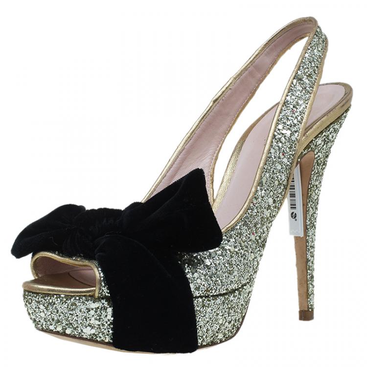 Pre Owned Miu Miu Gold Glitter Velvet Bow Slingback Platform Sandals Size 38.5