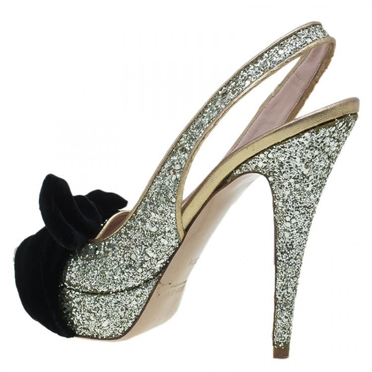 Pre Owned Miu Miu Gold Glitter Velvet Bow Slingback Platform Sandals Size 38.5