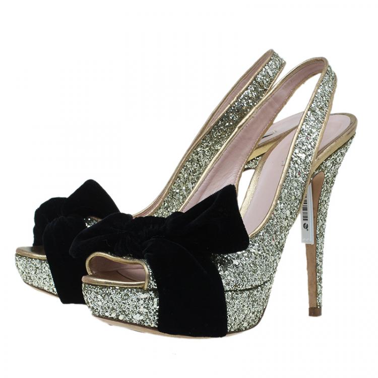 Pre Owned Miu Miu Gold Glitter Velvet Bow Slingback Platform Sandals Size 38.5