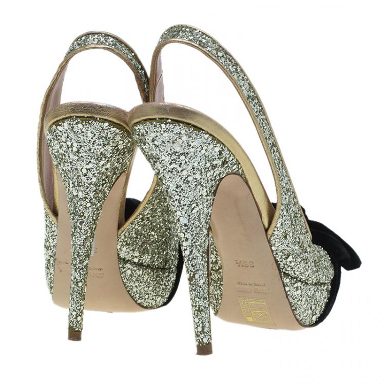 Pre Owned Miu Miu Gold Glitter Velvet Bow Slingback Platform Sandals Size 38.5