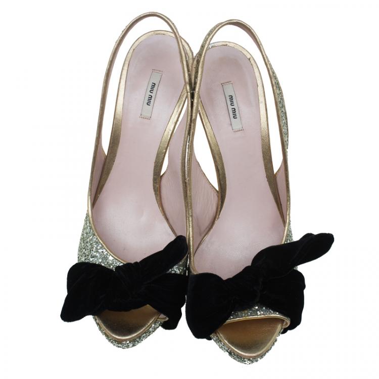 Pre Owned Miu Miu Gold Glitter Velvet Bow Slingback Platform Sandals Size 38.5